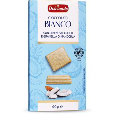 Tavoletta di cioccolato bianco con cocco e mandorle