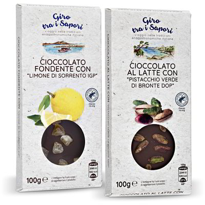 Tavoletta cioccolato fondente con limone / cioccolato al latte con pistacchio