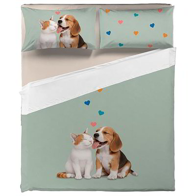 Completo letto matrimoniale con federe double face Cane e gatto