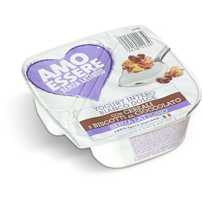 Yogurt intero bianco dolce con cereali e biscotti al cioccolato senza lattosio*