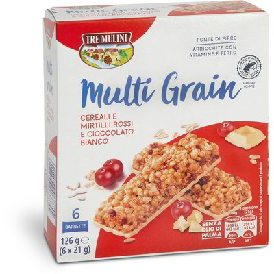 Barrette Multi Grain ai cereali e mirtilli rossi e cioccolato bianco