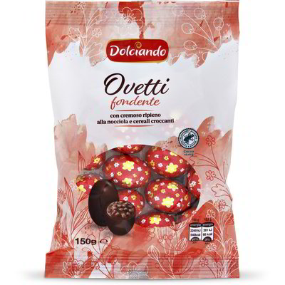 Ovetti di cioccolato fondente con cremoso ripieno alla nocciola e cereali croccanti