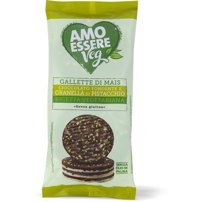 Gallette di mais ricoperte di cioccolato fondente e granella di pistacchio