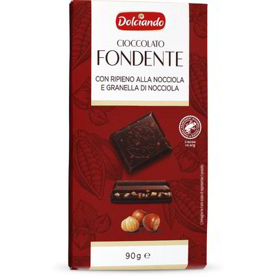 Tavoletta cioccolato fondente con ripieno alla nocciola e granella di nocciola