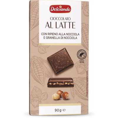 Tavoletta cioccolato al latte con ripieno alla nocciola e granella di nocciola