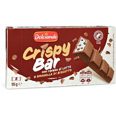 Barretta crispy bar con ripieno al latte e granella di biscotto