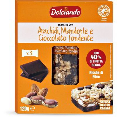 Barrette con arachidi, mandorle e cioccolato fondente