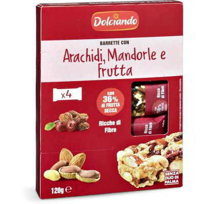 Barrette con arachidi, mandorle e frutta