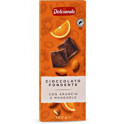 Tavoletta cioccolato fondente con arancia e mandorle
