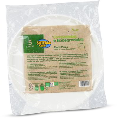 Piatti pizza in polpa di canna da zucchero compostabili 5 pezzi